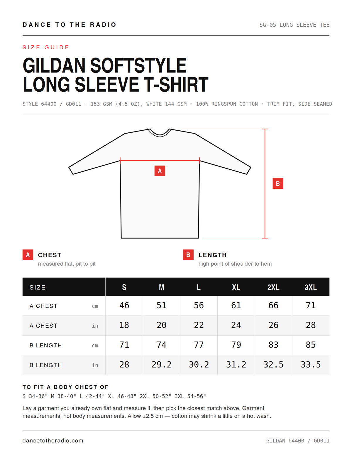 Gildan Softstyle Longsleeve size guide