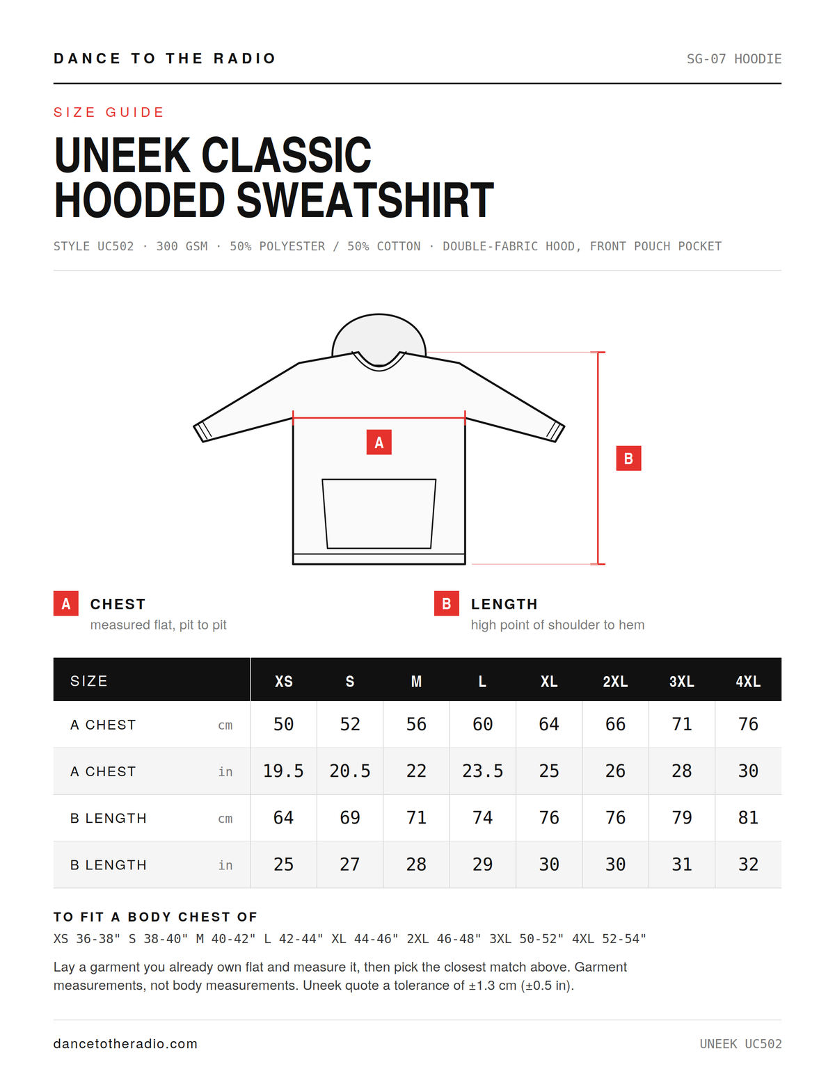 Uneek Hoodie size guide